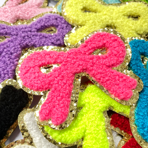 Badge brodé thermocollant en chenille, motifs fleur, arc-en-ciel, nœud, éclair, avec bordure dorée pailletée, pour vêtements de filles, sacs à dos et projets DIY - Product Image 6
