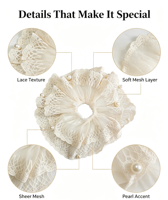 Chouchou à cheveux en dentelle ajourée à volants avec décoration de fausses perles, attaches pour cheveux en dentelle de maille douce, accessoires capillaires romantiques style Cottagecore