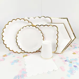 Gold Edge On White Background Disposable Tableware sets Paper Plates/cups/straws Wedding Birthday Party Party Supplies