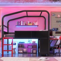 Lit superposé moderne avec bureau latéral, ports USB, éclairage LED, rangement, en métal, pour dortoir, chambre, appartement, école