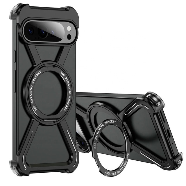 For Google Pixel 11 10 9 Pro XL Frameless Metal Bumper Case Kickstand 360° Rotatable Magnet Borderless Phone Back Cover Black