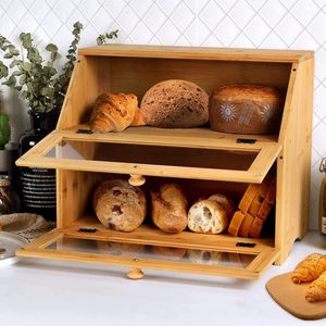 Double Layered Bamboo Bread Box With Transparent Window Large Capacity Wooden Storage For <b>Kitchen</b> Countertop Freshness - Product Image 3