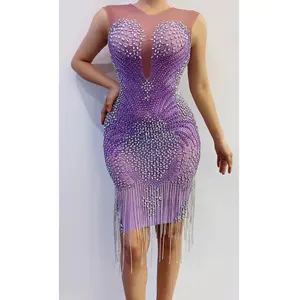 Ultimo prodotto abito estivo senza maniche in cristallo di lusso viola Sexy Mesh elastico nappa vestito aderente da donna