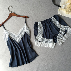 Women's Sleepwear Sexy Satin Pajama Set White Sleeveless <strong>Lace</strong> V-Neck Pyjamas Cute <strong>Cami</strong> <strong>Top</strong> and Shorts - Product Image 5