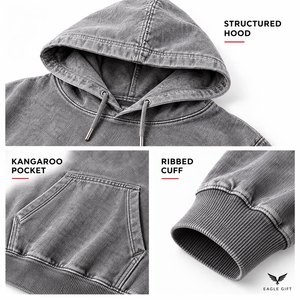 เสื้อฮู้ดดี้ผ้าฝ้าย 320GSM ล้างสีแบบแอซิดวอช ปักโลโก้ตามสั่ง สไตล์วินเทจ ขาดๆ แบบดิสเทรส ทรงหลวม ไหล่ตก แขนเสื้อแบบแร็กแลน สตรีทแวร์ - Product Image 3