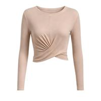 Haut de yoga pour femme à manches longues en maille transparente torsadée sur le devant, coupe ajustée, court, séchage rapide, respirant, pour l'entraînement, le Pilates, le quotidien, en nylon