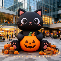 Décoration gonflable d'Halloween personnalisée : Chat noir tenant un fantôme citrouille en tissu Oxford pour fêtes, événements, jardins et cours