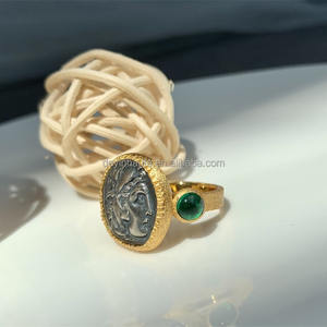 Bague en argent sterling 925 vintage en or massif, pierre émeraude romantique, Grèce antique, bijoux fins unisexes pour cadeau - Product Image 5