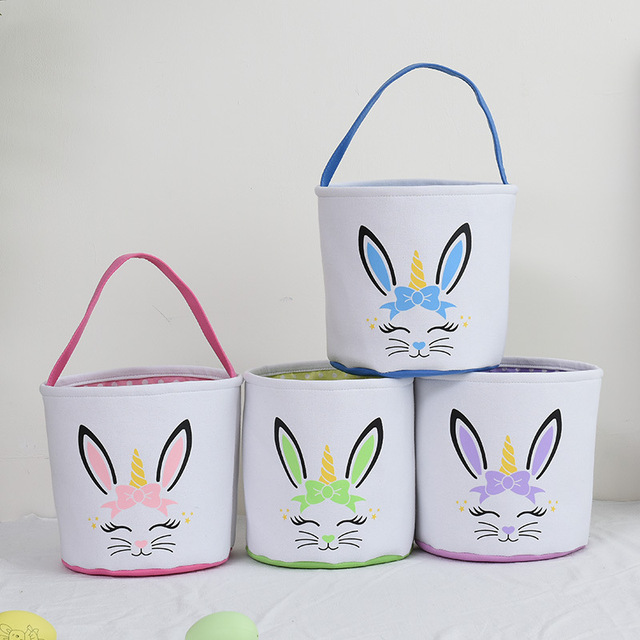Popular Canvas Cotton Unicorn Bucket Easter Basket 23*24cm Easter Basket With Handle Egg Hunting Bag for Kids Gift