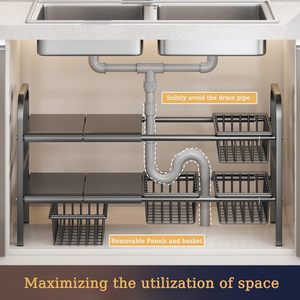 2-Tier Kitchen Metal Sink Organizer Adjustable Length Expendable Storage Tray Double Tiers <b>Standing</b> Type Holder - Product Image 3