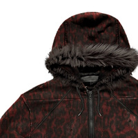 Vêtements personnalisés pour hommes, veste à capuche rouge léopard, col en fourrure, effet usé, style gothique streetwear, sweat à capuche zippé, 100% coton, automne