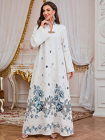 Robe longue décontractée musulmane à col montant, imprimé floral, broche en strass, manches longues, coupe modeste
