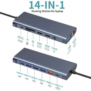 OEM ODM 13 In 1 Type C Hub Dual HDTV+VGA+RJ45 1000Mbps +USB3.0*3 Usb C Docking Station Laptop Adapter Splitter