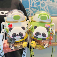 Botella de Agua Infantil de Gran Capacidad con Diseño de Panda, 820 ml, Tapa Elástica y Pajita