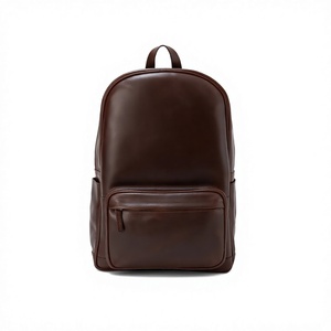 Unisex Genuine Leather Tactical Sports <b>Backpack</b> Solid Brown Zipper Closure Front Pocket Adjustable <b>Strap</b> Durable Polyester - Product Image 1
