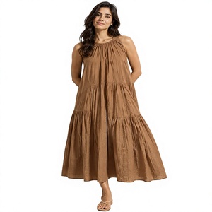 Vestido Maxi de Mujer, Color Marrón Caramelo, Sin Mangas, Cuello Redondo, Estilo Línea A, Transpirable, Lavable, 100% Algodón, Casual, para Uso Diario, Verano, Primavera - Product Image 1