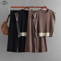 Ensemble deux pièces tricoté décontracté Lumos pour femme, motif color-block, col rond, manches courtes + pantalon ample
