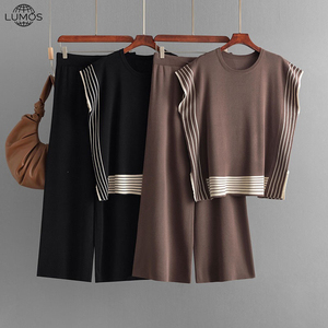 Conjunto de Dos Piezas Tejido Casual con Bloques de Color Lumos para Mujer: Top de Manga Corta con Cuello Redondo y <span class=keywords><strong>Pantalones</strong></span> Holgados - Product Image 1