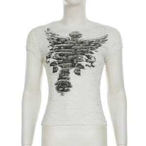 Camiseta de Verano para Mujer, Estilo Y2K Vintage, Corte Regular, Tejida, Ecológica, con Estampado Gótico Oscuro, Desgastada, Informal - Product Image 5