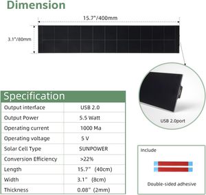 Petits panneaux solaires haute efficacité 15,7x3,1 pouces 5V/5W avec chargeur USB intégré et système de stabilisation de tension pour stores motorisés - Product Image 2