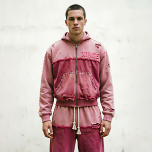 Conjunto Deportivo OEM para Hombre, Lavado al Ácido, con Bloques de Color Desmontables, Pedrería y Efecto Desgastado, Sudadera con Capucha y Pantalones de Felpa Francesa - Product Image 2