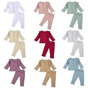 Bebek kış giysileri 1-3 yıl birden nervürlü gömlek eşleşen pantolon 2 takım bebek kış giysileri düğmeleri üst pantolon kızlar kıyafetler