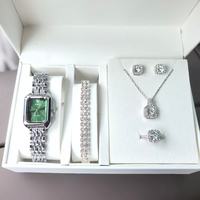 Ensemble de bijoux pour femmes, 5 pièces, montre carrée argentée, montre-bracelet à quartz en cristal, collier, boucles d'oreilles, bague, bracelet, coffret cadeau pour femmes