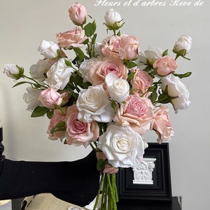 Bouquet de roses artificielles à 3 têtes, fleurs en soie à bords brûlés, arrangement pour la décoration de la maison et des mariages - Product Image 4