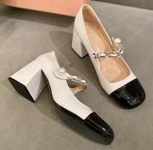 Fashionable young girl style pearl chain Mary Jane shoes, black and <b>white</b> striped platform sandals, suitable for daily wear - Product Image 1