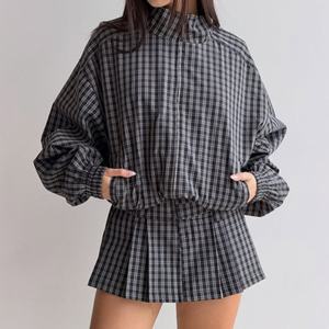 เดรสสั้นลายสก็อตแขนยาวสำหรับผู้หญิง น้ำหนักเบา สไตล์ลำลอง วินเทจ เอวยางยืด ขายส่ง - Product Image 1