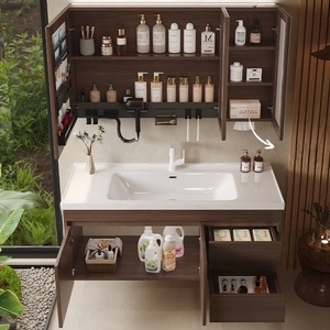Support customized antique style ceramic integrated basin intelligent <b>mirror</b> <b>wall</b> hanging walnut bathroom cabinet - Product Image 4