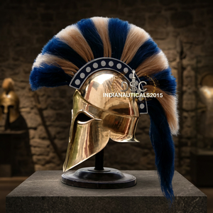 Casco de Armadura Espartana Romana de Diseño Griego Medieval, Casco Corinthiano de Latón Chapado en Oro con Detalles Azules, Usable - Product Image 3
