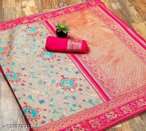 Elegante Sari de Seda Verde y Rosa con Bordado Zari para Bodas, Fiestas y Festivales, Sari Tradicional Indio para Mujer - Product Image 2