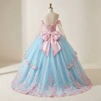 Robe de bal Quinceañera longue en tulle bouffant, épaules dénudées, manches longues, appliques florales 3D, peplum à volants, robe de princesse