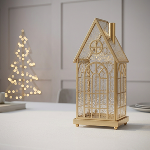 Latest Trending Style <b>Gold</b> Metal House Shape Candle Holder <b>Lantern</b> with Rainfall Glass for Home Decoration - Product Image 4