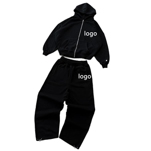 Ensemble de survêtement unisexe en coton noir avec capuche, fermeture éclair sur le devant, logo, coupe décontractée, couleur unie, pantalon et veste longs pour l'automne - Product Image 1