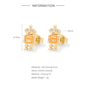 Boucles d'oreilles clous QLEESI pour enfants, forme robot, couleur émail tendance, en argent sterling S925 plaqué or 18 carats - Product Image 2