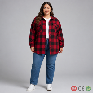 Camicia Giacca Oversize Personalizzata per Donna, in Flanella Rossa e Nera a Quadri Buffalo, Maniche Lunghe con Tasche sul Petto, Taglie dalla S alla 5XL, Autunno - Product Image 1