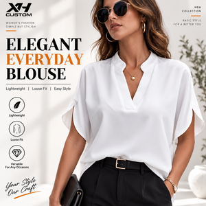 Custom Women Blouse Loose Fit <b>Batwing</b> Sleeve Split Neck Short Sleeve Polyester Casual Summer Tops Wholesale - Product Image 1