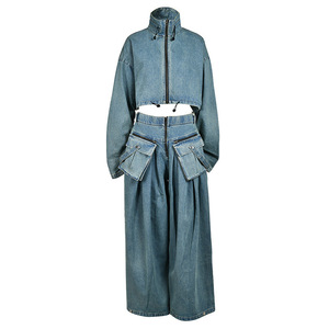 High-Quality Denim Two-Piece Autumn New Retro High-Waisted Straight Trousers Stand Collar Top Set Fashion - Product Image 1