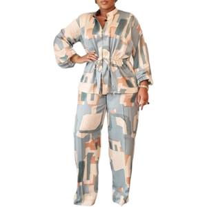 Elegant Commuting Stand Collar Printed Drawstring Waist Long-sleeve Women's Two-piece <b>Pants</b> Set Fashion - Product Image 4