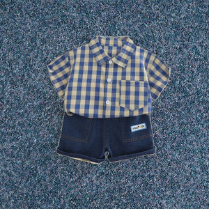 ชุดเสื้อผ้าเด็กผู้ชายลายสก็อตคุณภาพดี แฟชั่นชุดเสื้อเชิ้ตแขนสั้น ผ้าฝ้ายเนื้อนุ่ม - Product Image 3