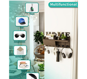 Entrada de madera Pasillo Sala de estar Llavero Decoración Organizador de llaves Estante Correo y colgador de llaves con gancho y sombrero Perchero - Product Image 2