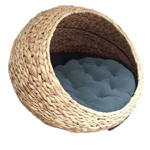 Cama para Gatos de Bambú Tejida a Mano, Redonda, de Color Sólido, con Cojín Extraíble y Lavable, para Interiores, para Todas las Estaciones, Estilo Minimalista - Product Image 1