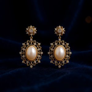 Eleganti orecchini pendenti placcati in oro con perla coltivata ovale e design floreale in cristallo per donna, gioielli da matrimonio in stile classico - Product Image 2