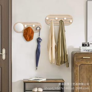 Perchero de madera con espejo y ganchos, montado en la pared para recibidor, dormitorio, sala de estar, estante de almacenamiento extraíble - Product Image 1