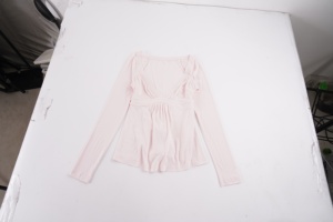 Korean Deep V Neck Waist Cinching Tie Bow Pleated Long Sleeve Tee Solid Color Versatile Comfortable Babydoll Hem <b>Top</b> - Product Image 6