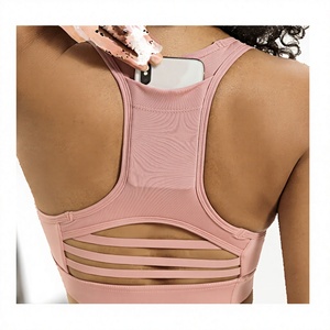 Pink Sports Bra With Back Phone Pocket <b>Strappy</b> Design Medium Support Workout <b>Top</b> - Product Image 2