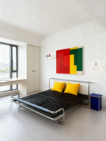 Lit de luxe industriel Bauhaus en acier inoxydable, design durable et écologique, cadre en métal léger double pour hôtel, appartement, chambre à coucher