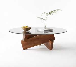 Mesa de Centro Redonda Moderna y Duradera con Tapa de Vidrio Templado y Base de Madera, Diseño de Mediados de Siglo, Muebles para Sala de Estar - Product Image 1